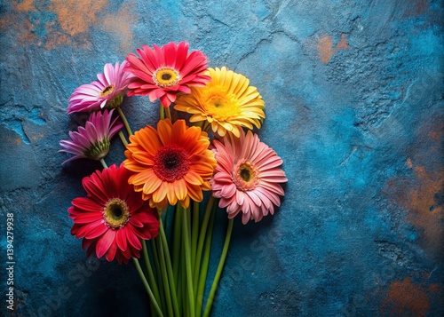 Stunning Overhead Shot of Vibrant Gerber Daisies on a Blue Stone Surface A CloseUp Celebration of Spring Colors