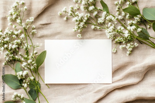 Blank Card with White Flowers and Eucalyptus on Neutral Linen Fabric