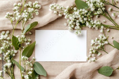 Blank Card with Gypsophila Flowers and Eucalyptus Leaves on Linen
