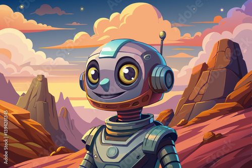 Robot portrait on mysterious land of the galaxy under a strange colored sky, game banner