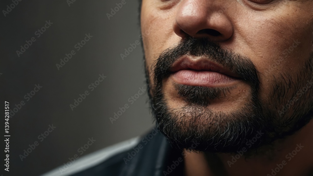 Fototapeta premium Man face close up. Nose mouth and dark beard details on skin. Neutral expression against gray background.