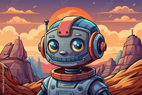 Robot portrait on mysterious land of the galaxy under a strange colored sky, game banner