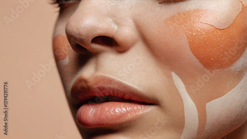 Face with light skin shows orange and white color paint. Smooth surface reveals nose, mouth, and facial contours. Beige color background.