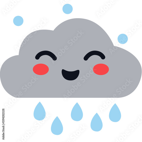 Adorable smiling rain cloud with raindrops in a kawaii cartoon style. Perfect for children’s designs, weather icons, learning materials, and cheerful educational illustrations.