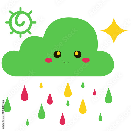 A cute green cloud with smiling face raining colorful drops. Fun and vibrant cartoon-style illustration perfect for kids, weather education, fantasy designs, or cheerful nature-themed visuals.
