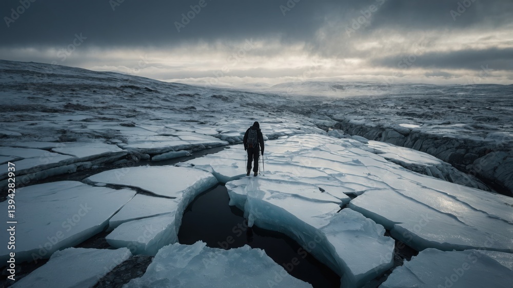 Naklejka premium Person stands alone on broken ice. Grey cold day over icy cracked land. Backpack and ice axe are visible.