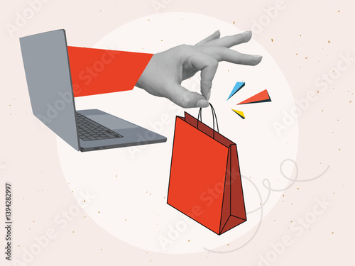 Hand reaches out a paper shopping bag from a laptop screen. Modern photo collage style. Vector illustration