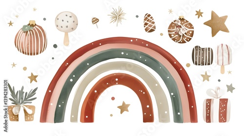 Boho Christmas Rainbow Watercolor Clipart Festive
