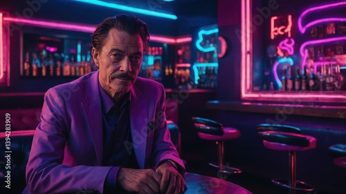 Man in purple suit sits at round table inside bar. Neon lights illuminate bottles on bar and bar stools. Scene has pink and blue colors.