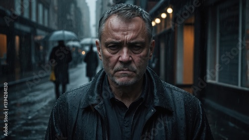 Man stares forward on wet city street. Rain falls. People walk with umbrellas in background. Building lights glow dimly.