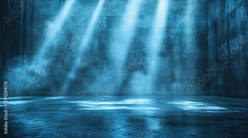 A dimly lit, empty space with blue tones and light beams shining through, creating a mysterious and atmospheric environment.