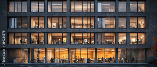 Nighttime office life captured through large windows showcasing dedicated workers in a modern building