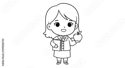 Cute Chibi Teacher Coloring Sheet with Book & Apple - Printable School Activity Art