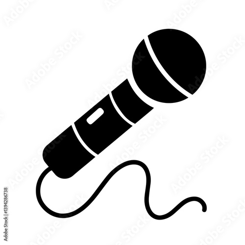 Microphone with curved wire, round head, long handle with button, voice, audio recording, broadcasting, speech, communication tools used in media, sound work, or public address. Media Production