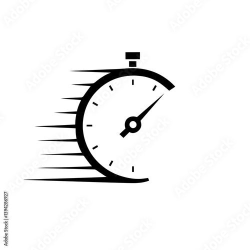 Silhouette of stopwatch with arrow pointing at hour, lines on left indicating speed, urgency, timing, countdown, time tracking, measurement, Efficiency.