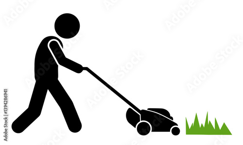 Silhouette of person pushing mower near small patch of grass, garden tool function, lawn care, trimming, outdoor garden work performed using wheeled cutting machinery. Lawn Cutting Machine