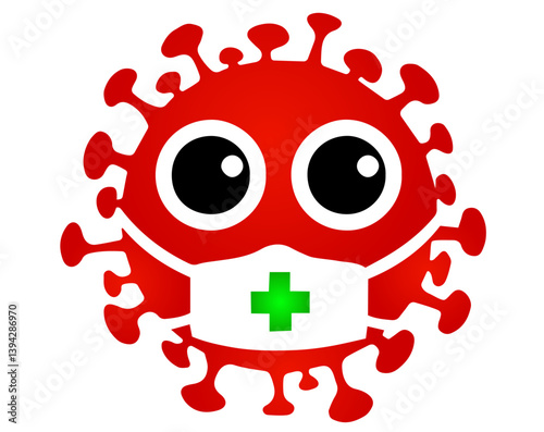 Red cartoon virus with mask and green cross, big eyes, health safety, hygiene practices, use of masks and gloves for public safety, preventing contagious diseases. awareness