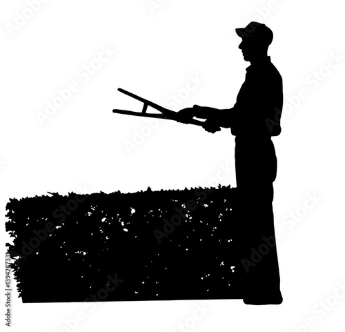Silhouette of a Gardener, greenkeeper Trimming Hedges with Shears. Garden Maintenance, Outdoor Labor, Plant Care, Professional Role of Greenkeepers, Horticulturists in Environmental Upkeep