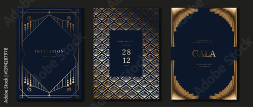 Luxury invitation card background vector. Golden elegant wavy gold line pattern on navy blue background. Premium design illustration for wedding, vip cover template, grand opening, flyer.