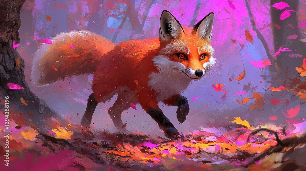 Fototapeta premium Red Fox in Vibrant Autumn Forest Digital Painting