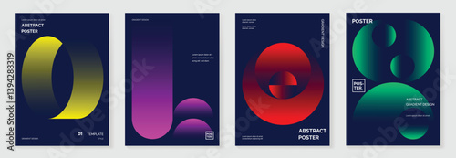 Modern gradient poster background vector set. Minimalist cover template with vibrant perspective geometric prism shapes in motion. Ideal design for social media, cover, banner, flyer.