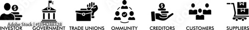 Stakeholder relationship banner web icon vector illustration concept for stakeholder, investor, government, and creditors with icon of community, trade unions, suppliers, and customers
