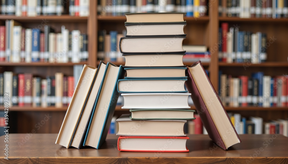 Business books stacked in library, scholarly environment Business books stacked in library, scholarly environment