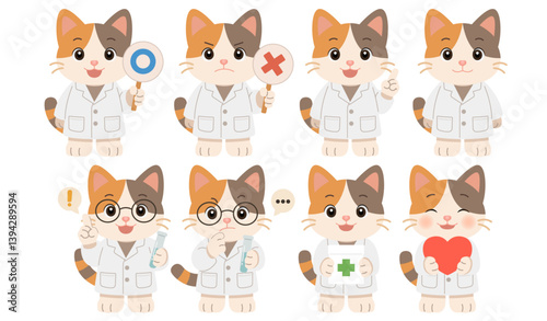 Cute Vector Calico Cat Doctor and Pharmacist Characters in Various Poses