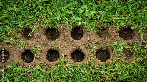 Close-up of grass after lawn aeration with visible holes