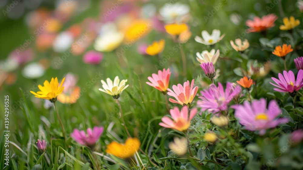 Colorful flowers blooming alongside a garden lawn Colorful flowers blooming alongside a garden lawn