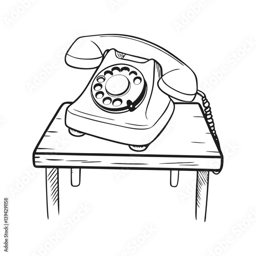 Vintage rotary telephone on a wooden table in black and white  