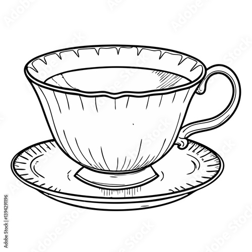 Vintage black and white tea cup illustration on a saucer  