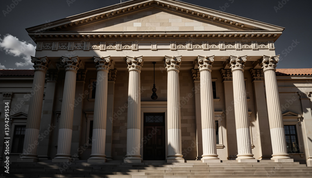 Obraz premium Ancient courthouse facade in shadow, historical justice