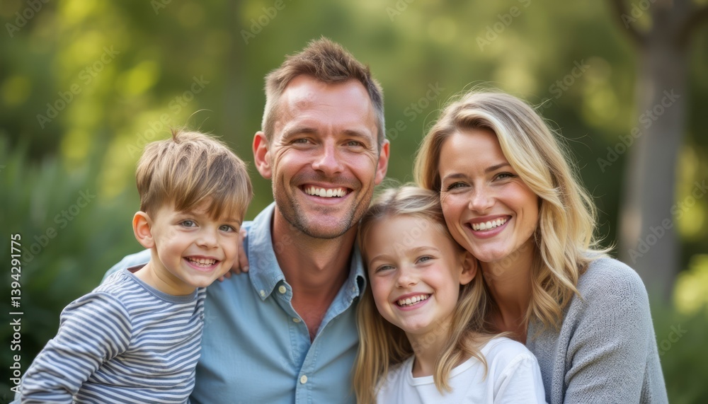 A cheerful family of four beams with happiness in a lush green park, radiating warmth and love. The parents, a man and a woman, are joined by their two children, a boy and a girl, creating a A cheerful family of four beams with happiness in a lush green park, radiating warmth and love. The parents, a man and a woman, are joined by their two children, a boy and a girl, creating a