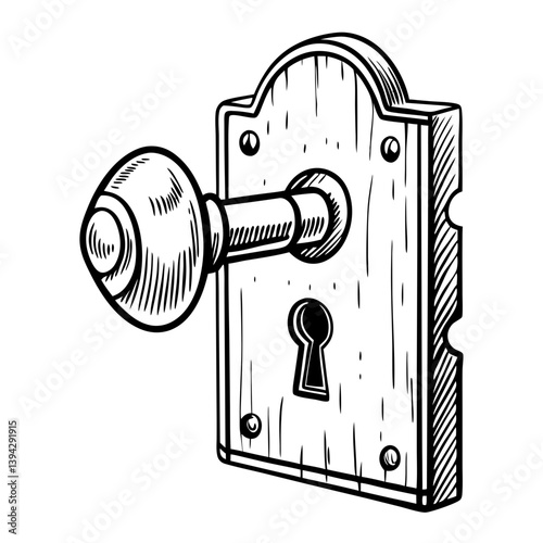 Vintage door lock with keyhole in black and white illustration  