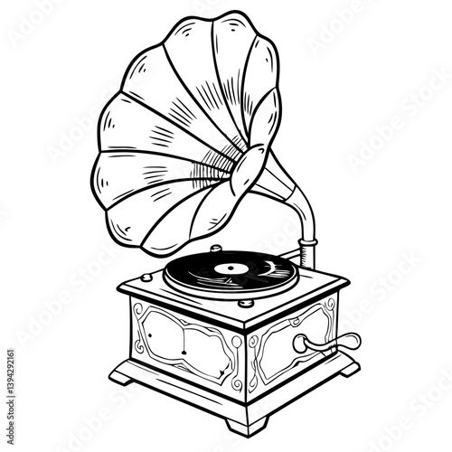 Vintage gramophone sketch in black and white  