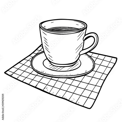 Hand-drawn coffee cup on a saucer with a checkered napkin  