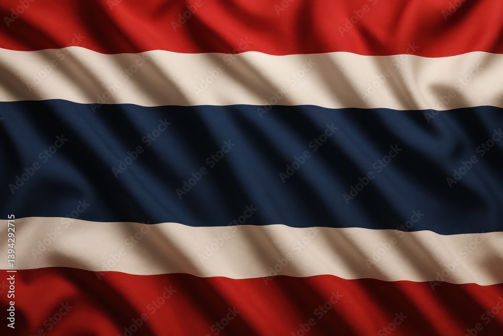 Fototapeta premium A rippled Thailand flag showcases its red, white, and blue horizontal stripes. Concept of: Thai nationhood.