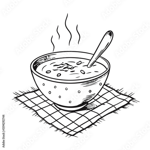 Bowl of soup steaming on a checkered cloth  