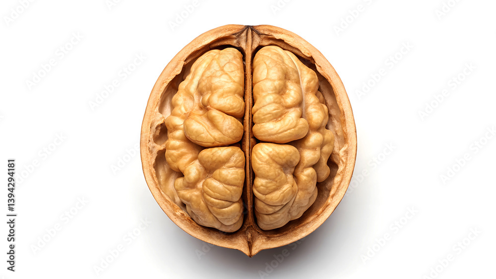 Macro Photograph of Symmetrical Walnut Kernel with Wrinkled Texture on White Background Macro Photograph of Symmetrical Walnut Kernel with Wrinkled Texture on White Background