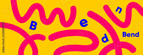 Colorful abstract design featuring bold magenta lines on a vivid yellow background, spelling “Bend” with scattered blue letters. A joyful, dynamic composition full of curves and graphic energy.