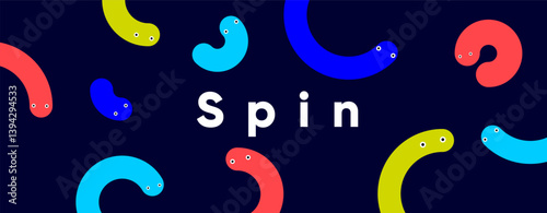 Dynamic composition with cheerful worm-like creatures in vibrant curved shapes dancing around the word “Spin.” Minimal style on a deep navy background with a sense of lively movement and rhythm.