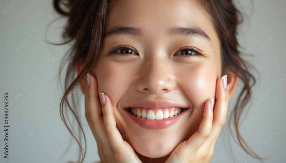 A beautiful young woman beams with happiness, her hands gently framing her face, showcasing her radiant smile and glowing skin. This captivating image exudes warmth and positivity, inviting viewers to A beautiful young woman beams with happiness, her hands gently framing her face, showcasing her radiant smile and glowing skin. This captivating image exudes warmth and positivity, inviting viewers to