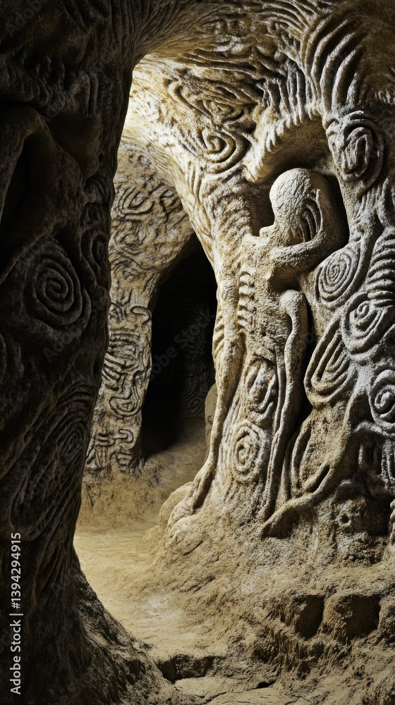 Fototapeta premium Ancient petroglyphs cave carvings representing ancestral figures and mystic symbolism