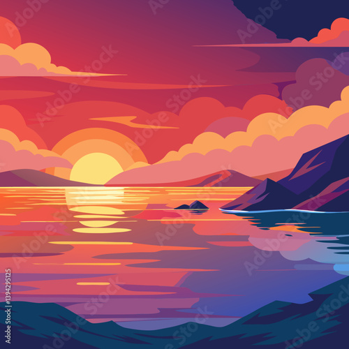 Sunset Illustration of Gradient beach landscape silhouette vector background