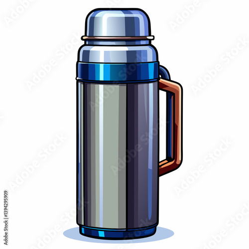 A vector illustration of a sleek stainless steel thermos with a screw-top lid, isolated on a white background