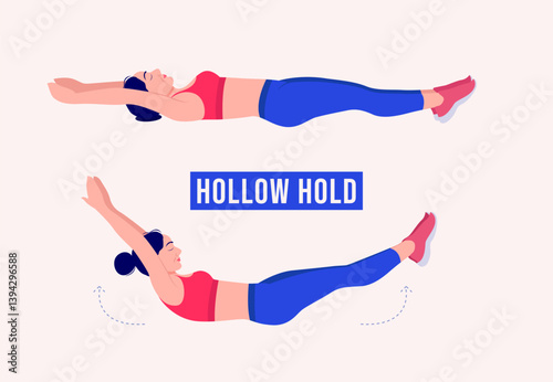 Hollow Hold exercise, Woman workout fitness, aerobic and exercises.