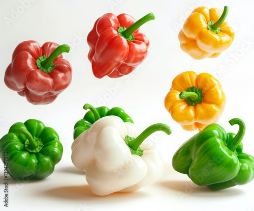 Multicolored bell peppers, including a rare white one, float and lie on a light background, creating an effect of lightness and freshness. 