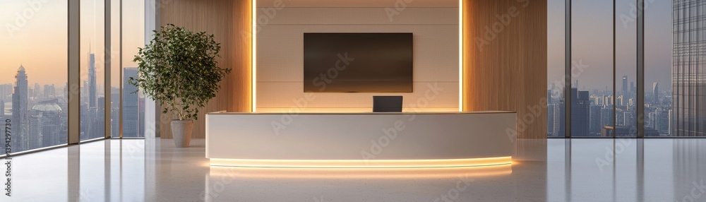 Modern Office Reception Area with Sleek Design and Cityscape View at Sunset Modern Office Reception Area with Sleek Design and Cityscape View at Sunset