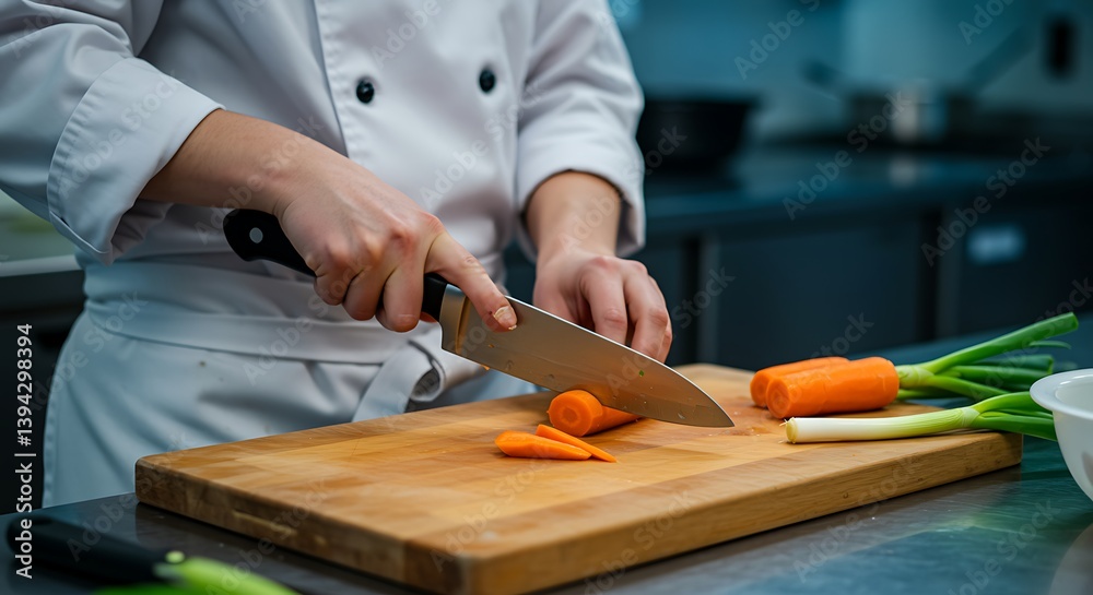 Obraz premium Chef Cutting Carrots on Wooden Board in Commercial Kitchen